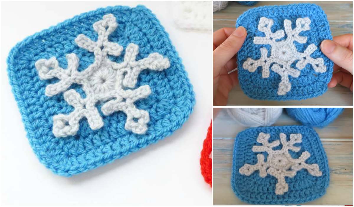 Discover the charm of a crocheted Snowflake Granny Square, featuring a delicate white snowflake on a serene blue background. This design is beautifully captured in close-ups, with yarn in the background. Perfect for crafting enthusiasts seeking inspiration from our free crochet pattern.