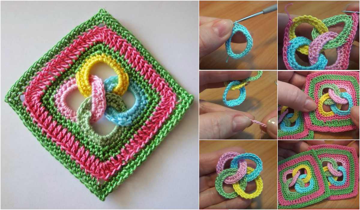 Explore this vibrant, free crochet pattern featuring interlocking loops in a square design. Accompanying the step-by-step image series is a video tutorial to guide you through the crocheting process seamlessly.