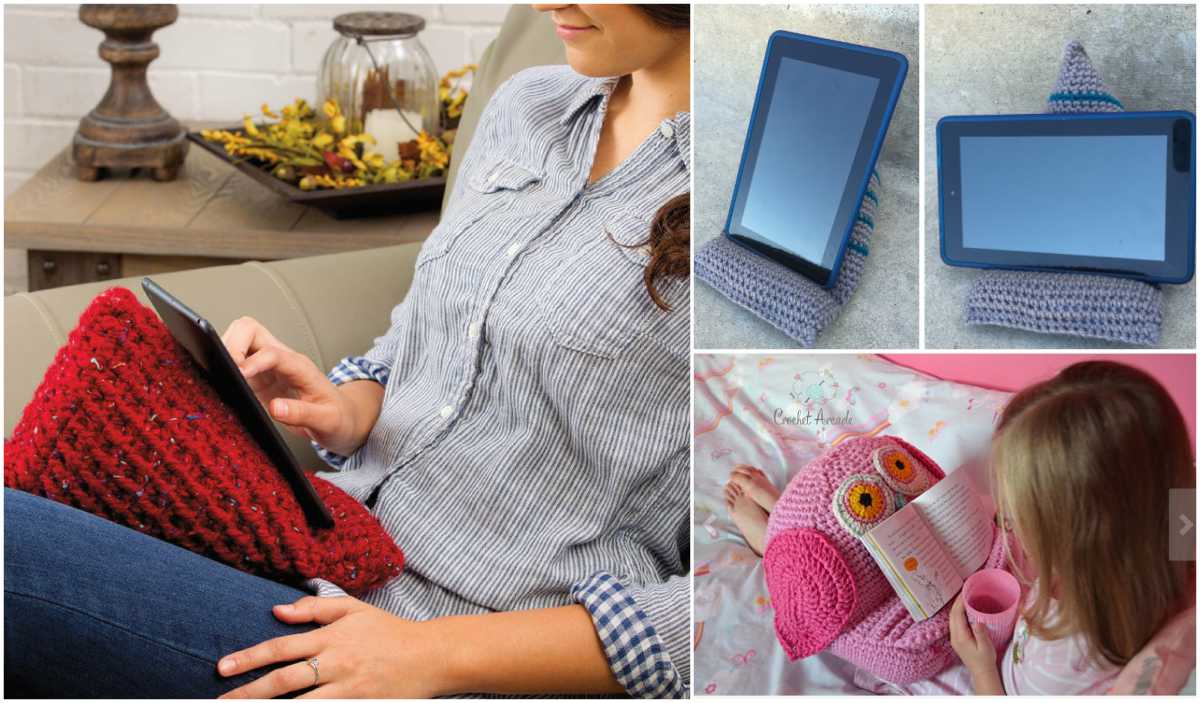 A person relaxes on the couch with a crochet tablet wedge stand, while two more beautifully crafted stands hold other tablets. A child leans against a pink crochet book cozy pillow, reading intently and sipping from a cup. Free crochet patterns make these delightful creations possible.