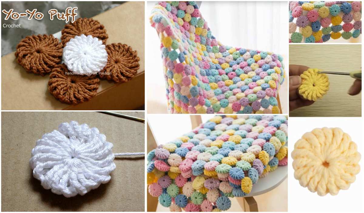 Collage of crochet projects showcasing multicolored yo-yo puffs, including a chair cover and individual pieces in various colors. Discover the charm of crafting with our Crochet Pattern for a unique Yo-Yo Puff Blanket.