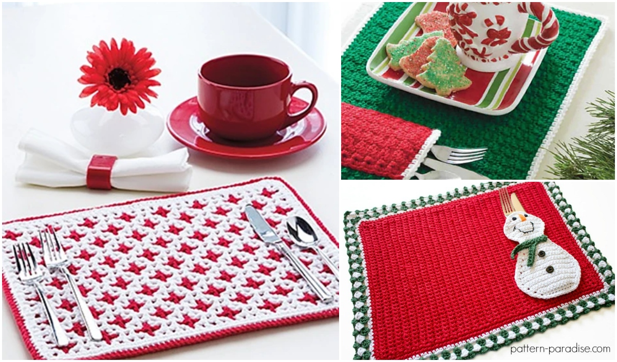 A collage of three holiday-themed placemats showcases vibrant Christmas crochet patterns in red, green, and white, with one adorned with a charming snowman decoration.