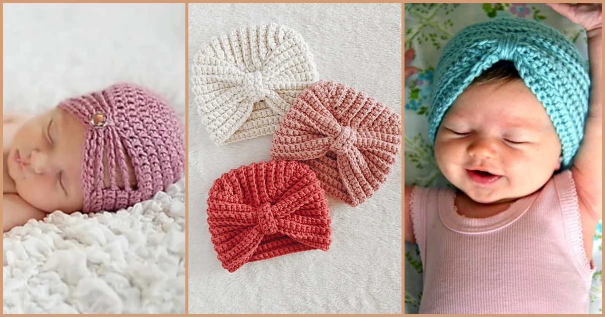 Two adorable babies showcase vibrant crochet baby turbans—a sweet pink one on the left and a lively turquoise on the right. Between them, three perfectly crafted crocheted turbans in white, pink, and red highlight the charming collection.