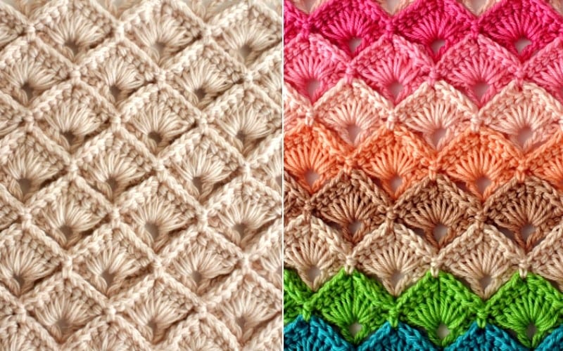 Close-up of two crochet patterns: one in beige with a diamond design and box stitch detailing, the other in a multicolored gradient featuring concentric shell shapes.