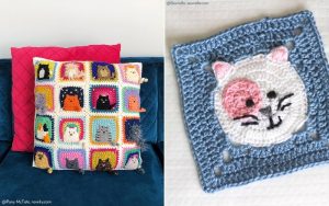 Explore delightful crochet projects: a colorful cat-themed pillow perched on a blue couch and a Kitty Granny Square with a charming cat face design. Discover free crochet patterns to create your own cozy feline-inspired creations.