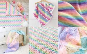 A collage of crochet blankets in pastel rainbow colors, including intricate patterns like waves, scallops, and shells, reminiscent of a delicate rainbow baby blanket, are displayed artfully on a hanger and surfaces.