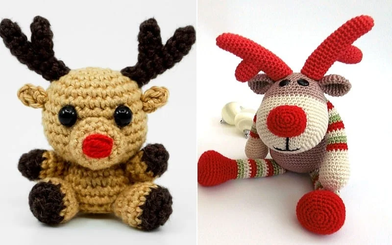 Two charming amigurumi reindeer toys: one brown with a small red nose, the other features vibrant red antlers, a larger red nose, and striped accents. Perfect for those who love crochet patterns and enjoy creating whimsical reindeers for festive decor.