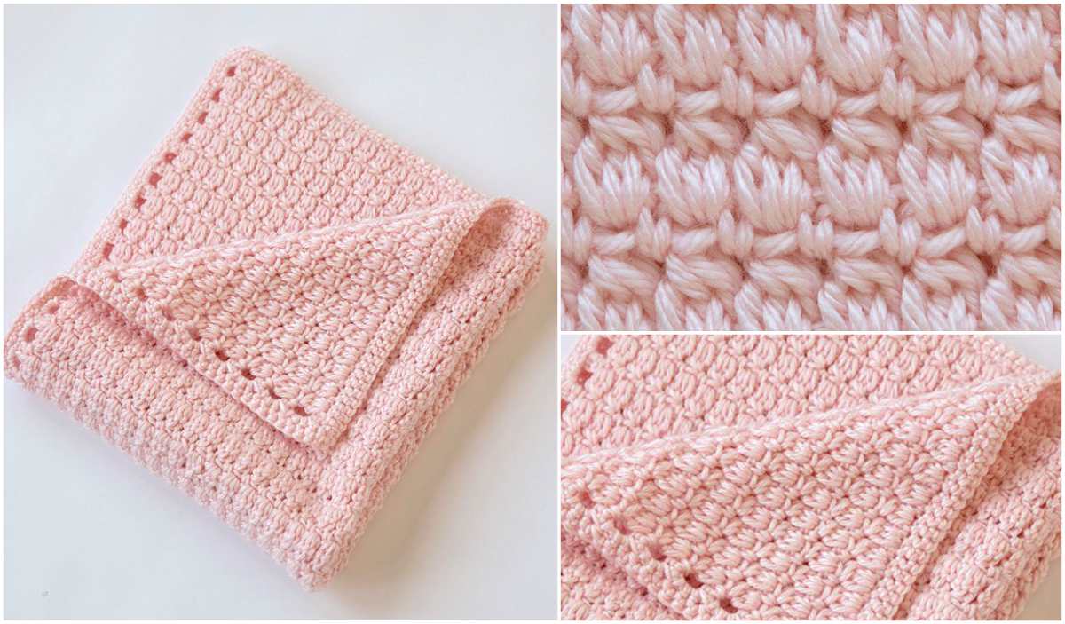 This Pink crocheted baby blanket with a textured shell pattern exudes warmth. Shown folded in the main image and detailed in two close-ups, its cozy cluster design makes it an inviting option.