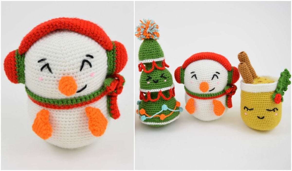 Discover the charm of crocheted figures: meet Casper the Snowman with red earmuffs, a festive green Christmas tree adorned with ornaments, and a cozy yellow mug topped with whipped cream and a cinnamon stick. Enjoy creating your own winter wonderland with these delightful free crochet patterns.