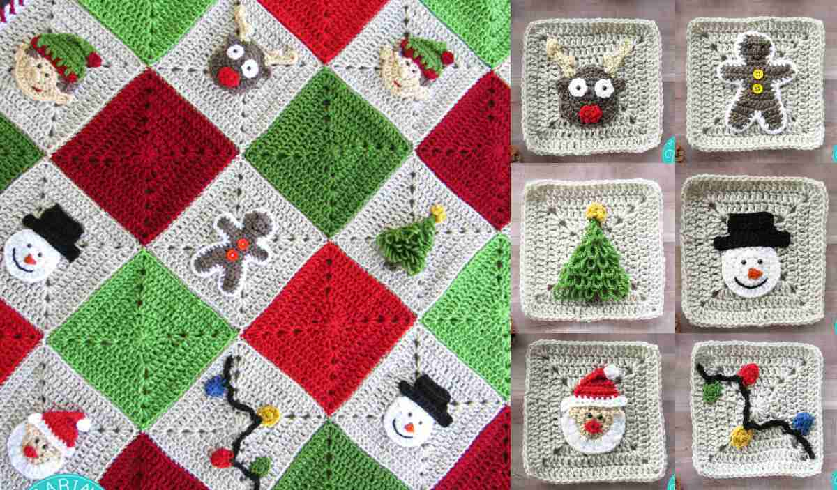 Create festive granny afghan squares featuring holiday-themed designs like snowmen, reindeer, a Christmas tree, and a gingerbread man in vibrant red, green, and beige tones. Perfect for adding a touch of Christmas charm to your decor. Enjoy the free crochet pattern!