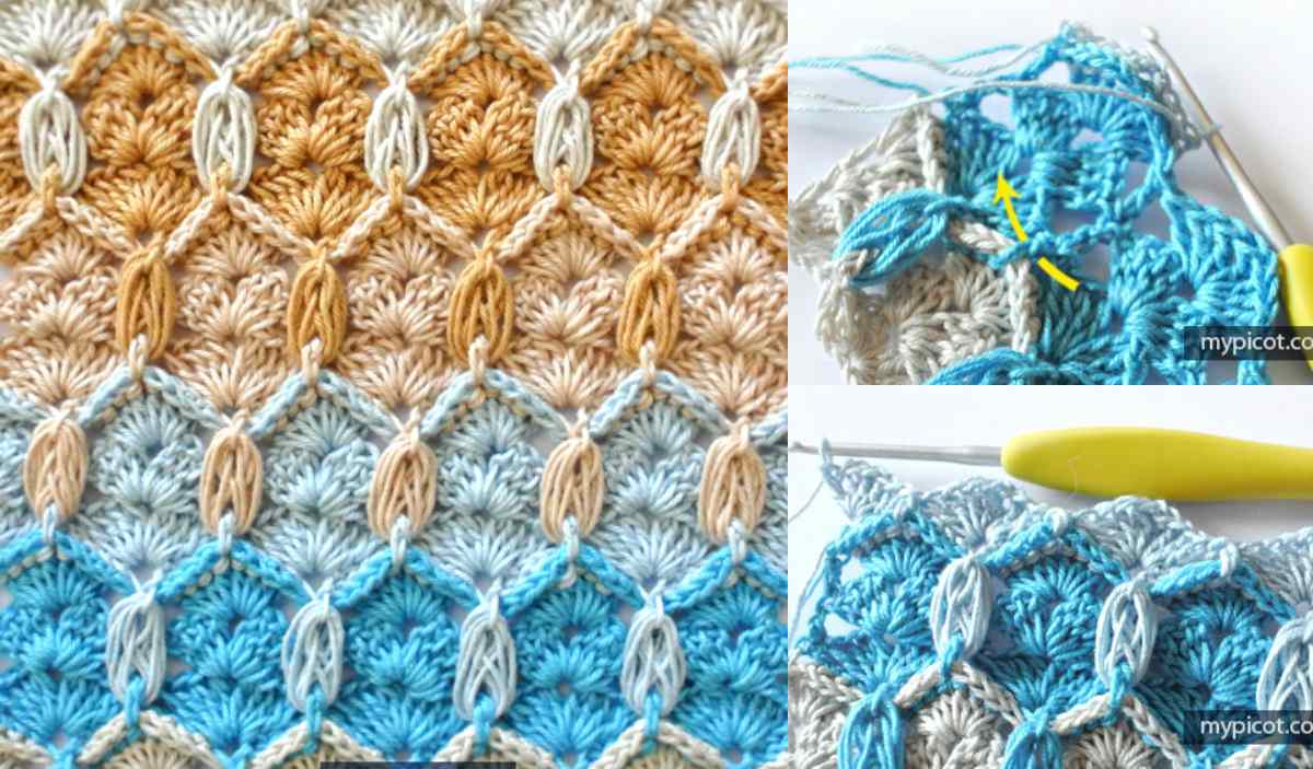 Close-up of a multicolored crochet pattern in beige, blue, and white, with a crochet tutorial showcasing hooks and ongoing work. Ideal for those seeking a free crochet pattern.