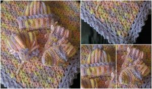Crocheted baby set featuring a charming picot shell border, including a hat, booties, and a blanket in pastel colors with purple edges.