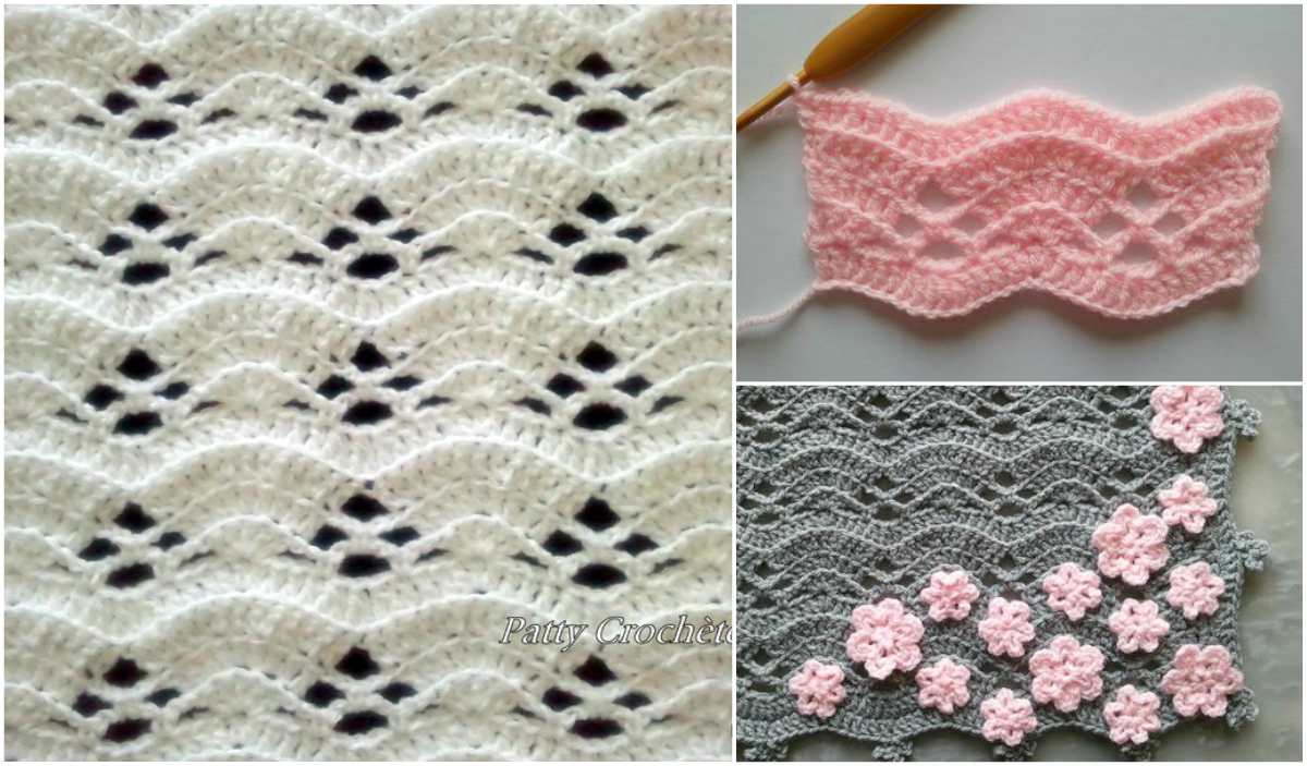 Introducing "La Petite Grise": a delightful collection of three crochet patterns. On the left, a delicate white lace design; top right showcases a pink pattern with hook in hand; and bottom right features a grey scallop design adorned with charming pink flower appliques. Perfect for crochet enthusiasts!