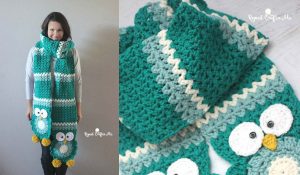 A woman models a teal crochet owl scarf adorned with whimsical designs and bright yellow pom-poms, brilliantly displayed in a close-up on the right.