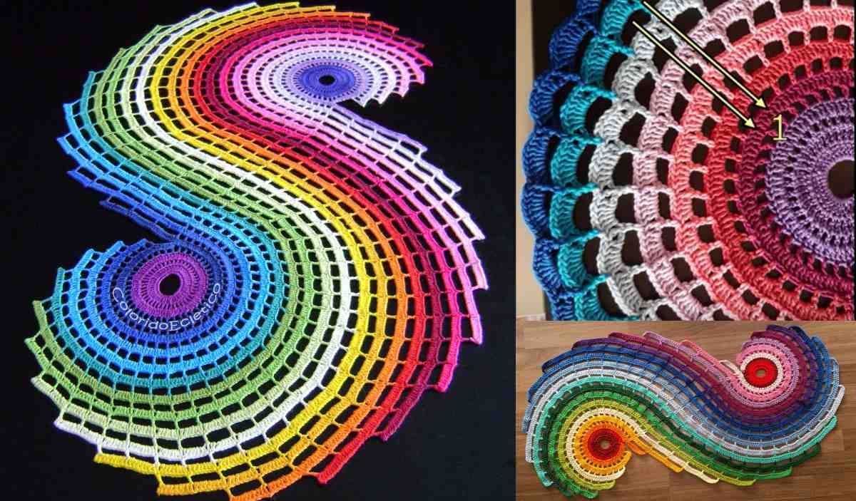 Colorful crocheted swirl designs on black and natural backgrounds create an eye-catching table centrepiece. A close-up reveals intricate pattern details, inviting crafters to explore a free pattern.