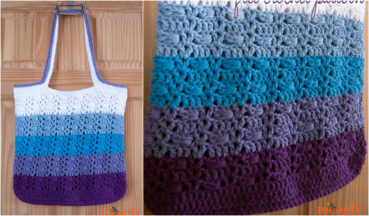 Ombre tote bag with gradient stripes in shades of purple, blue, and white gracefully hanging on a doorknob. Discover the beauty in each close-up of the intricate stitch pattern, crafted perfectly for those who cherish a free crochet pattern.