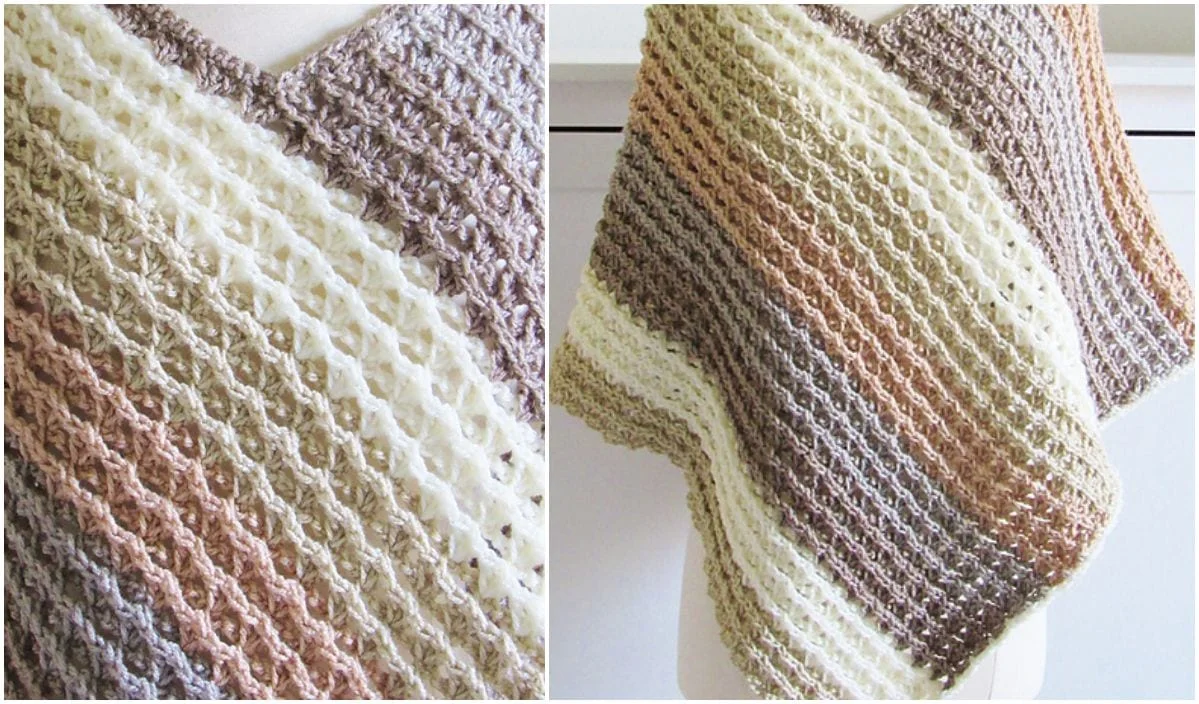 Two close-up images of a crochet blanket showcase a textured, waffle-like pattern. The motif features earthy tones with gradients of brown, beige, and cream. This elegant design is reminiscent of La Petite Grise's signature style, offering an inspiring free crochet pattern.