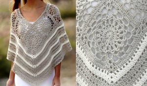 A person wearing a summer poncho with intricate crocheted patterns, featuring diamond and circular designs in beige and cream. Close-up details of the crochet work are displayed on the right, highlighting its breezy elegance.