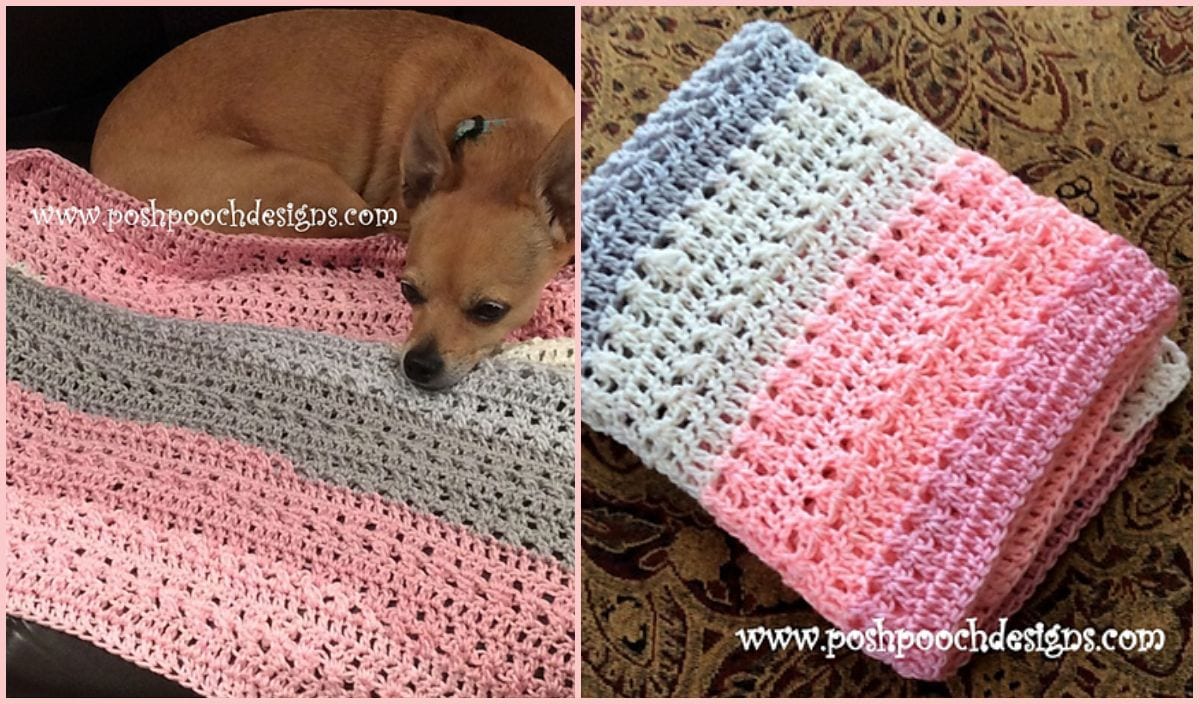 Crocheted pink, gray, and white blanket with a dog resting on it; reminiscent of La Petite Grise. Another image shows the folded blanket, highlighting its intricate crochet pattern.