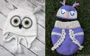 Two charming crochet owl baby hats: a white owl hat with tassels and a matching purple owl cocoon set, each featuring delightful eye and beak designs.