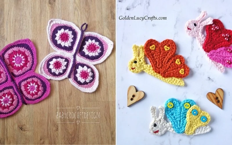 Crocheted butterfly squares on the left showcase an intricate crochet butterfly pattern; on the right, delicate crocheted snail and butterfly motifs are complemented by charming wooden heart decorations.