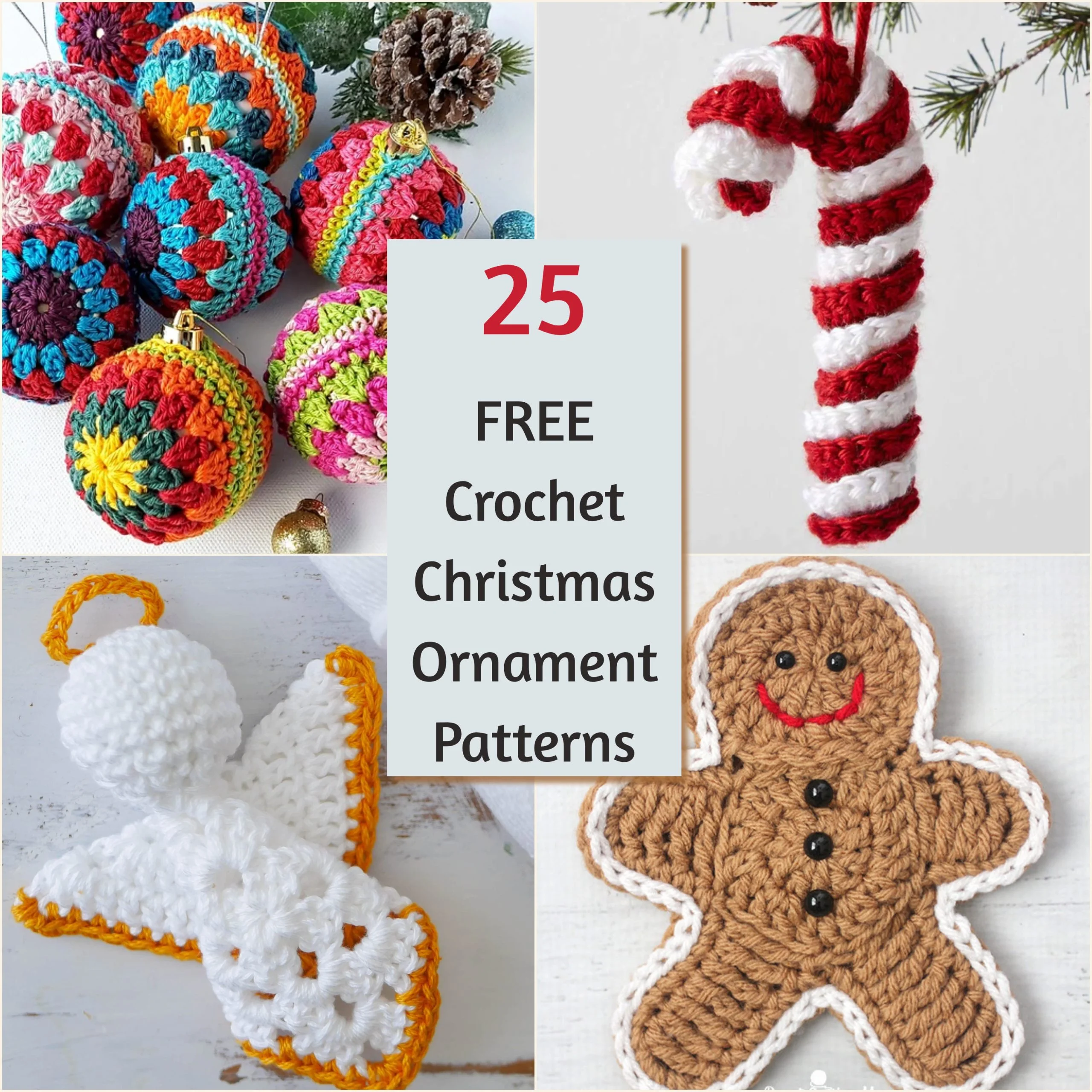 Collage of colorful crochet christmas ornaments with text "free crochet christmas ornament patterns'.