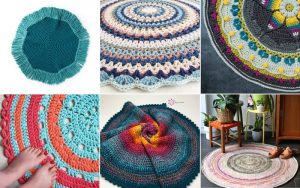 A collage of six vibrant crochet rug patterns in an array of designs, artfully displayed both flat and in charming room settings.