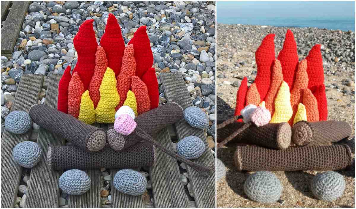 A delightful crocheted campfire setup complete with logs, vibrant flames, and perfectly roasted marshmallows adorns the pebble beach. Perfect for crafting enthusiasts seeking unique crochet patterns.