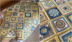 A detailed Nuts about Squares crochet blanket with a geometric and floral pattern in blue, green, and beige tones is draped over a chair, showcased in close-up.