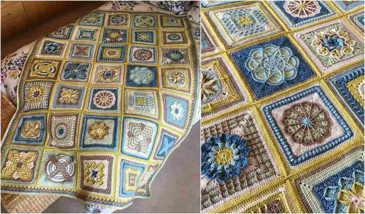 A detailed Nuts about Squares crochet blanket with a geometric and floral pattern in blue, green, and beige tones is draped over a chair, showcased in close-up.