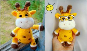 Two images of an amigurumi giraffe toy are displayed. The left captures the crochet creation outdoors, while the right shows it indoors, sporting drawn-on glasses beside a doodle of a smiling sun. Perfect for those seeking inspiration from unique crochet patterns or crafting a baby giraffe toy.