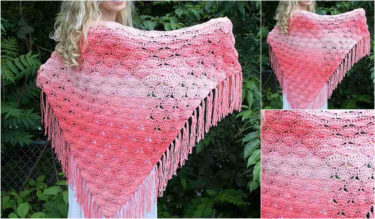 Person showcasing a crocheted pink gradient shawl with fringe, reminiscent of the Beachy Keen Shawl. Perfect for outdoor elegance.