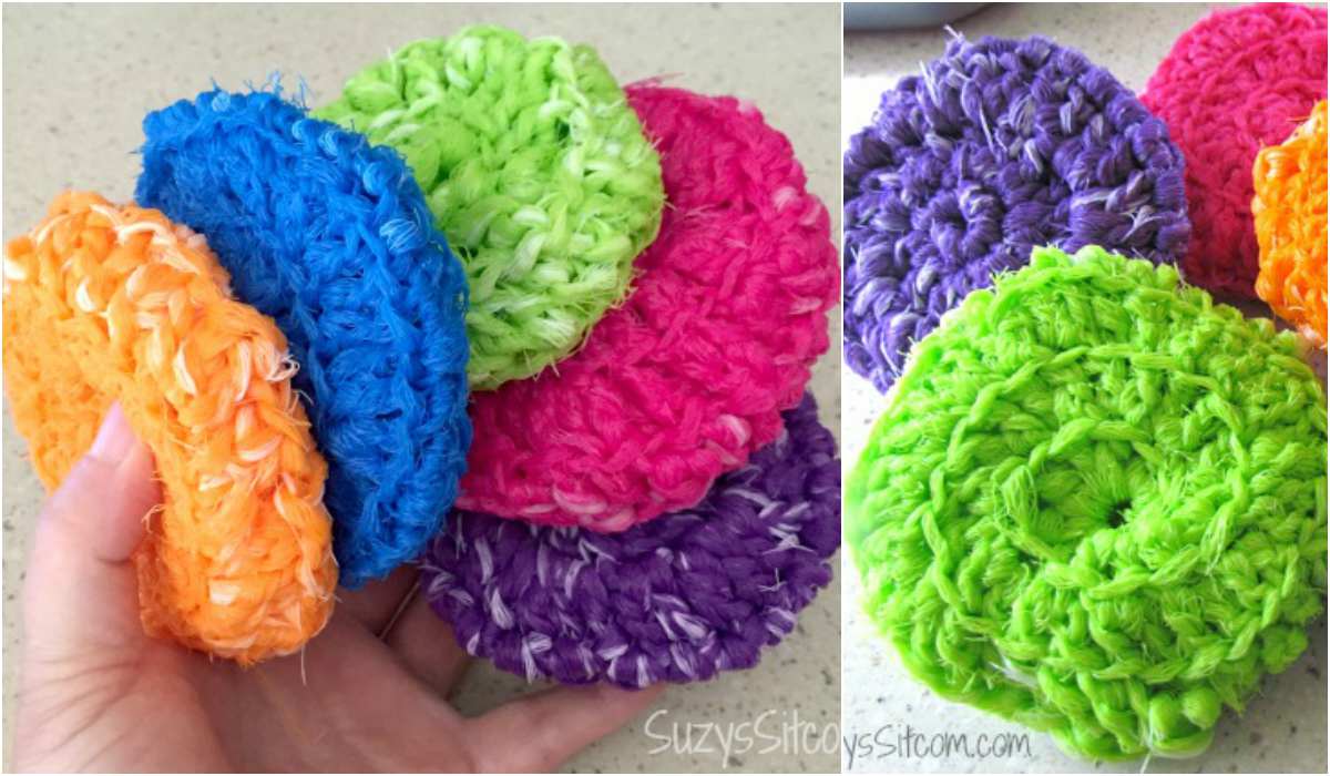 Colorful handmade crochet scrubbers in orange, blue, green, pink, and purple are held in a hand and displayed on a surface. Perfect for adding a splash of color to your cleaning routine, these pot scrubbies offer both style and functionality.