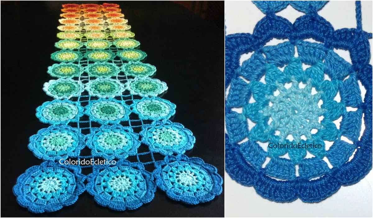 Crocheted table runner with circular patterns in gradient blue to orange hues, featuring a close-up of a detailed blue crochet motif. Perfect for those seeking inspiration from a flower color gradient, this project can be replicated using a free crochet pattern and diagram.