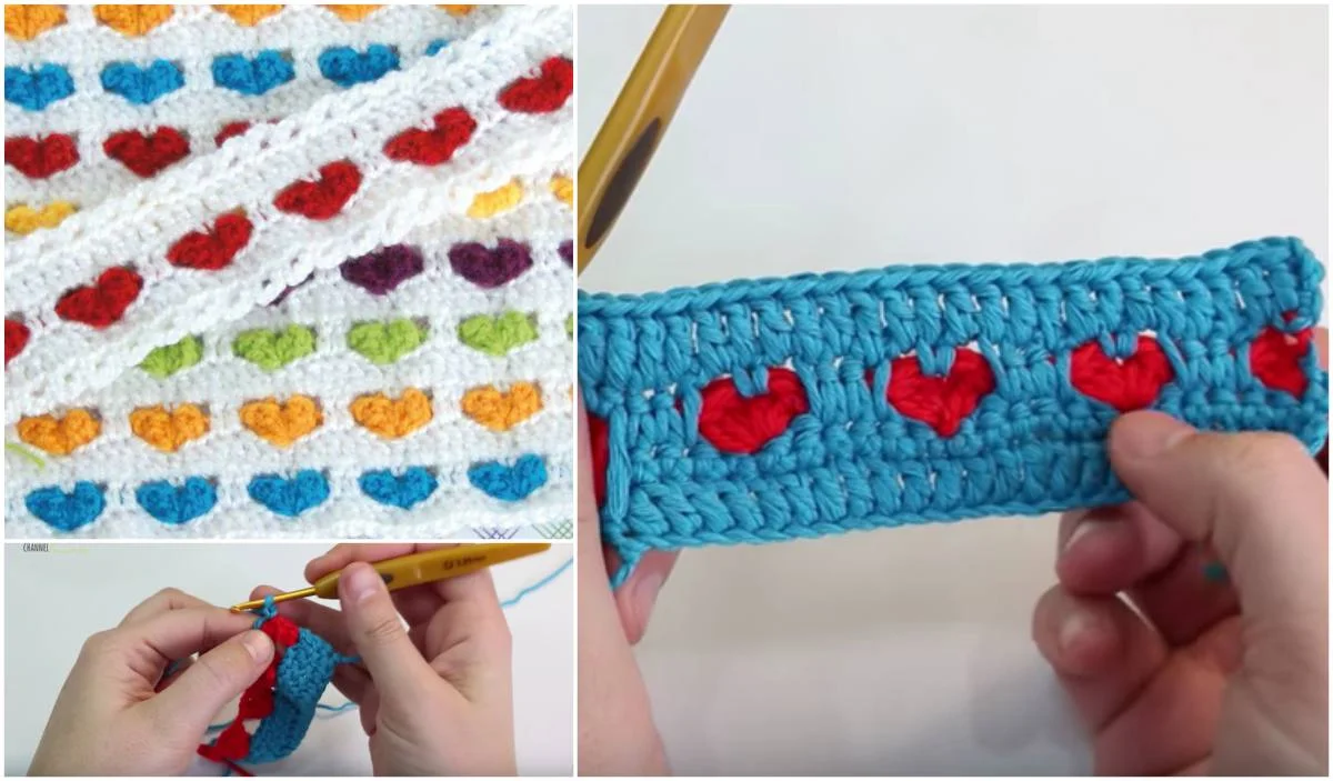 Close-up of a crochet project showcasing a vibrant heart stitch pattern on a white background. A person's hands are skillfully crafting a blue blanket adorned with red hearts, using a gold crochet hook. Discover the elegance of this free crochet pattern.