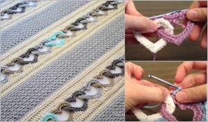 Crocheted blanket featuring a captivating interlocking heart pattern on the left, with close-up images and a crochet hook demonstrating the creation of heart shapes on the right. Perfect for those seeking inspiration or guidance through a detailed video tutorial.
