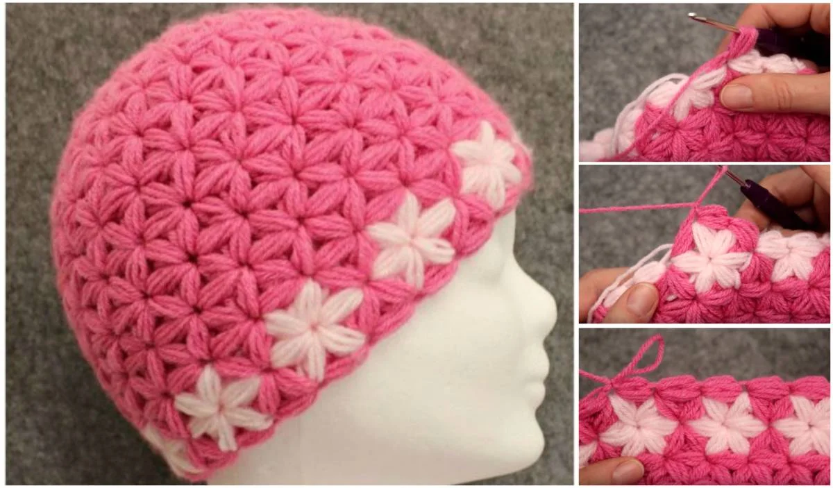 Pink and white crochet beanie hat displayed on a mannequin head with close-up images showing the intricate Jasmine Stitch process.