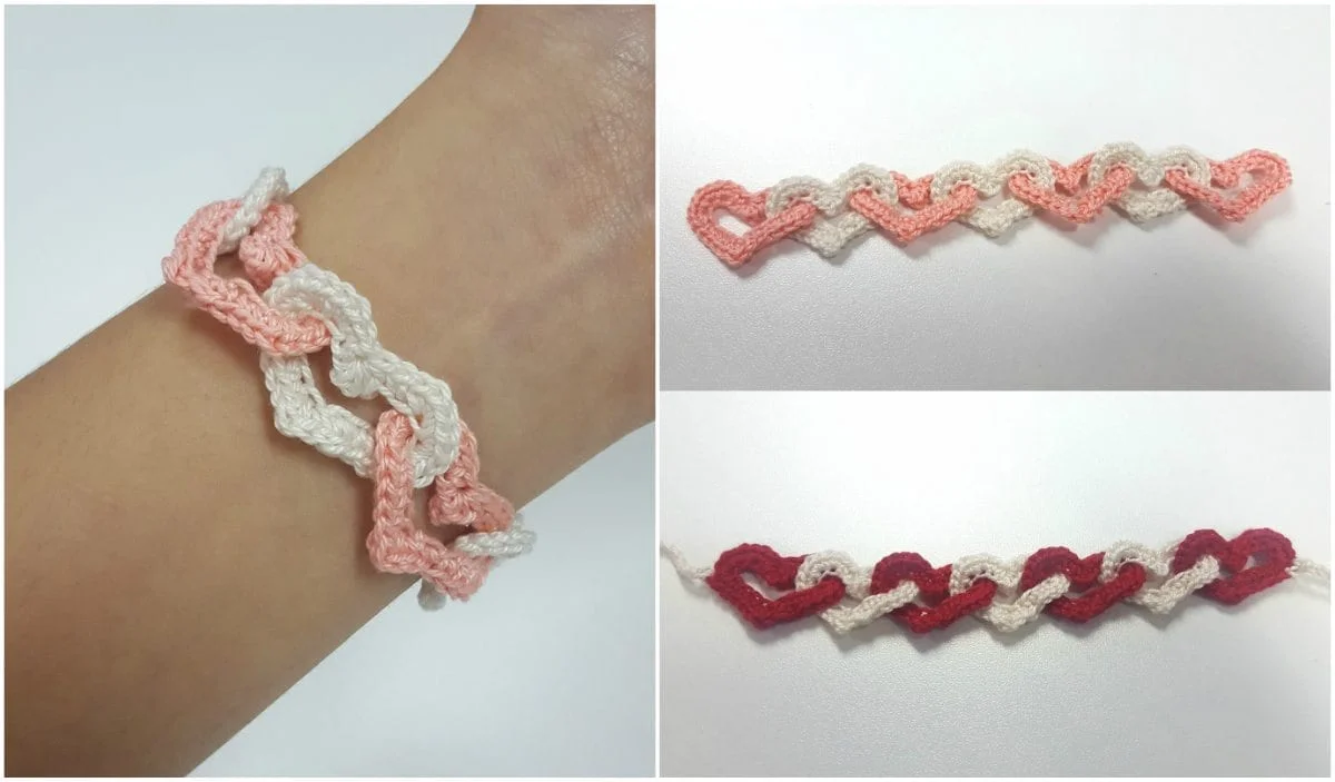 The Interlinked Hearts Bracelet, showcasing a stunning crochet pattern, features pink, cream, and red heart shapes. These crocheted bracelets are elegantly displayed on a wrist and set separately against a white surface.