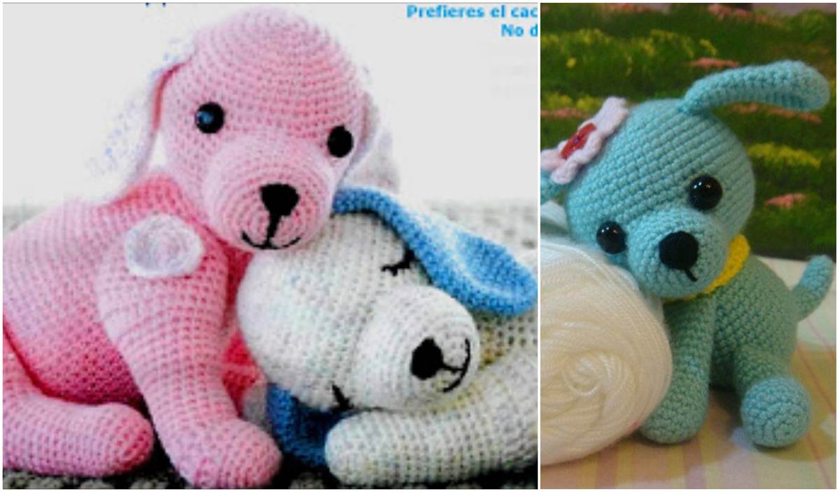 Two crocheted dog plushies, one pink and one white with blue ears, lie down adorably. A separate image features a lovely blue crocheted puppy with a pink bow and yellow collar. Perfectly crafted delights for any crochet enthusiast!