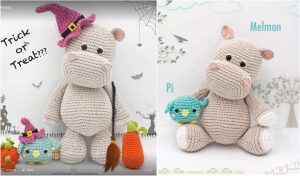 Two crocheted amigurumi hippo toys; one sporting a witch hat adorned with Halloween decorations, and the other accompanied by a small blue bird. Labels read "Trick or Treat???," "Melman," and "Pi." Perfect for crocheters, find the free crochet pattern to create these charming hippos yourself.