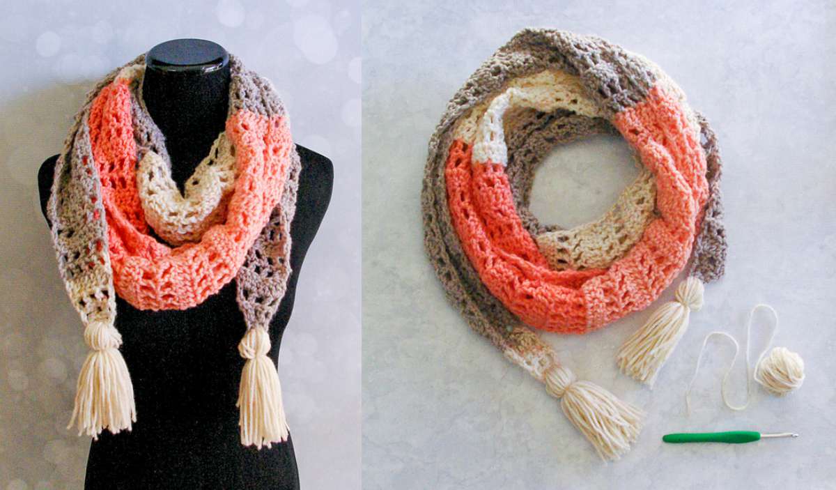 Introducing our Convertible Crocheted Scarf with tassels in shades of peach, cream, and gray. Displayed elegantly on a mannequin and laid flat, it captures attention effortlessly. To get started on your own masterpiece, check out our free crochet pattern inspired by the beloved Strawberry Patch theme.