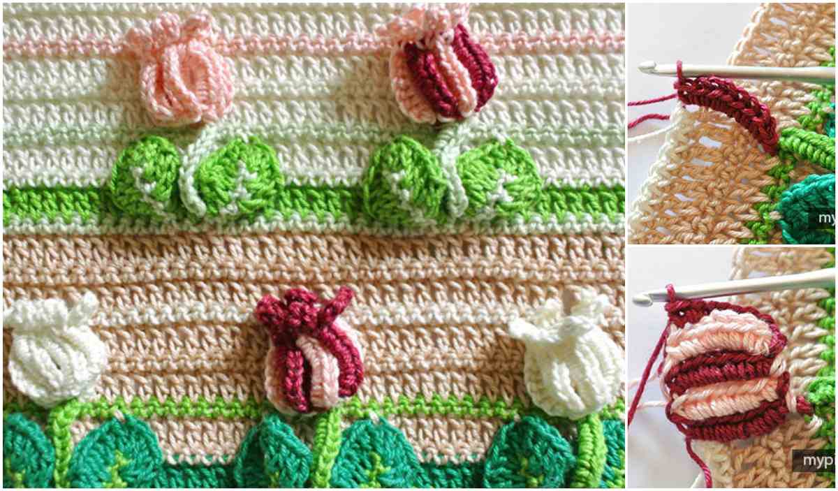 Discover the crochet pattern featuring delicate tulip flowers in pink, red, and white, accented by lush green leaves on a beige background. Side images provide a close-up tutorial of the crochet technique with a hook for aspiring artisans.