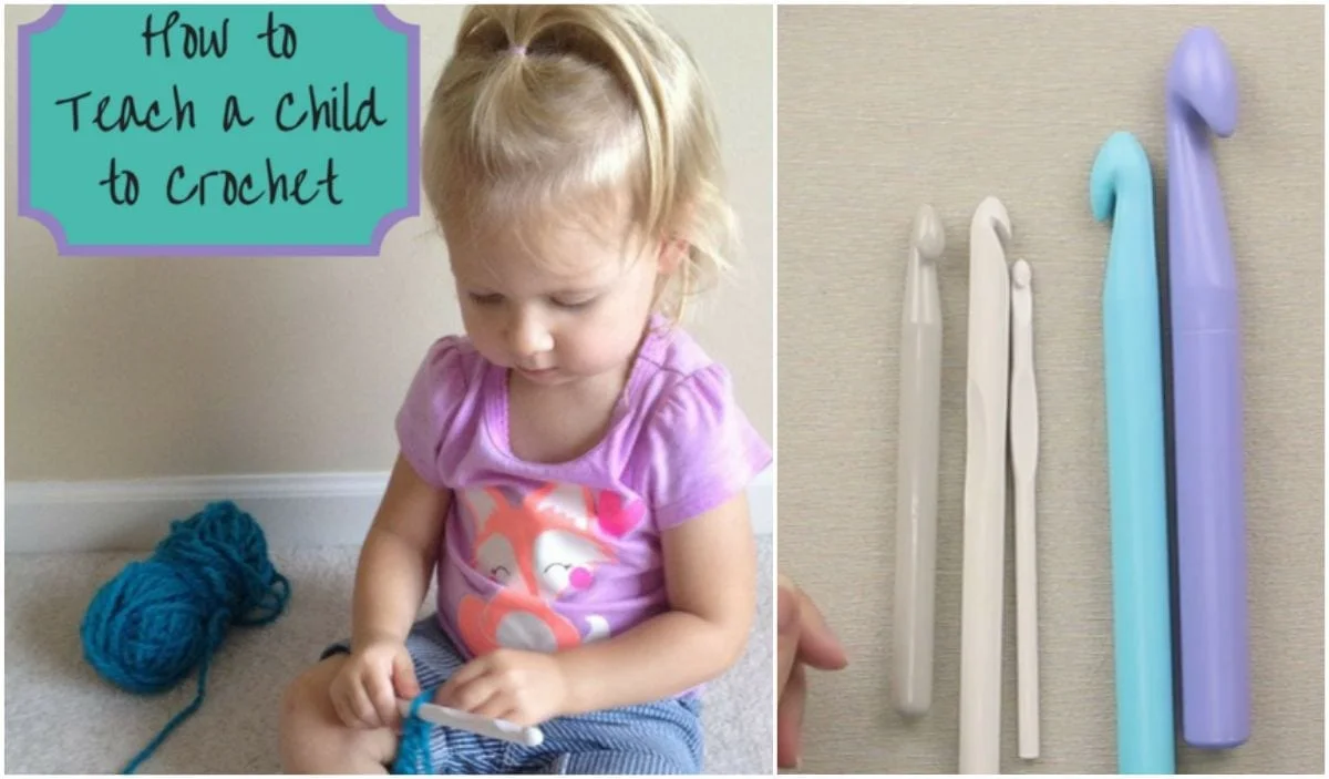 A child eagerly learning to crochet with teal yarn sits beside a sign titled "How to Teach a Child to Crochet." Four large crochet hooks lie on the right, ready for exciting crochet projects that will inspire kids and spark their creativity.