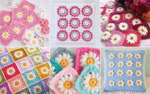 A collage of crochet projects showcasing delightful flower patterns, including daisy granny squares in various colors and designs, featuring cozy blankets and a charming cushion.