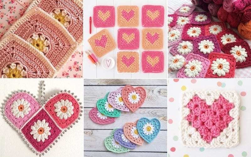 A collage of six crocheted items, featuring granny squares, crochet hearts, and floral patterns like daisies in vibrant colors.