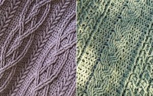 Close-up of two knit patterns: Left, a gray braided cable knit reminiscent of Romantic Celtic Afghans; Right, a green textured cable knit.