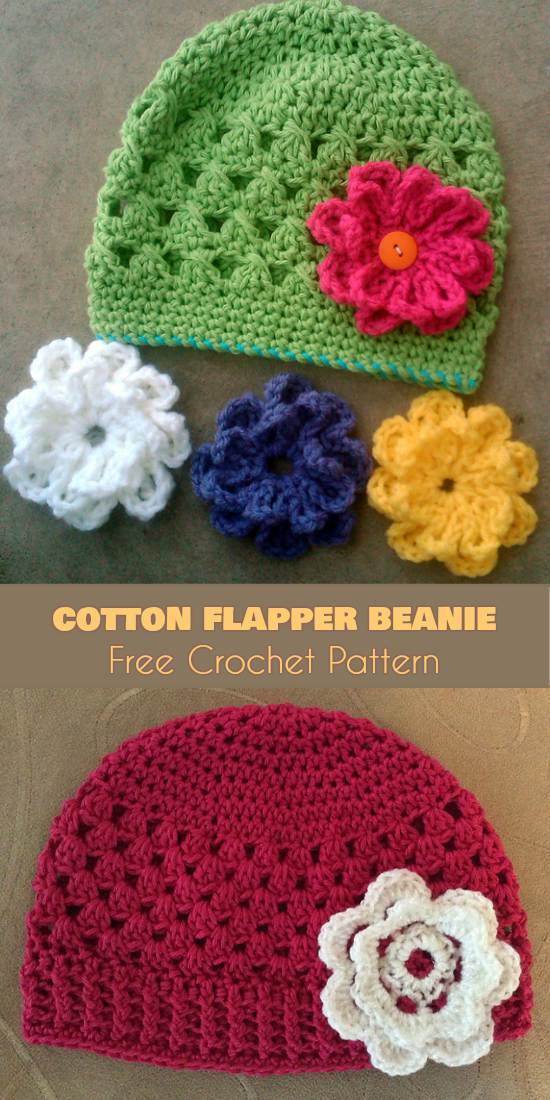 cute cotton flapper beanie with interchangable flower clips free crochet pattern baby girl