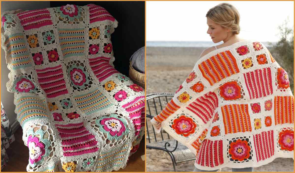 The vibrant Orange Blossom Blanket, draped over a chair on the left, complements the woman wearing a similarly colorful crocheted shawl on the right. Both pieces boast floral and striped patterns. Discover this look with the Free Crochet Pattern available in PDF format.