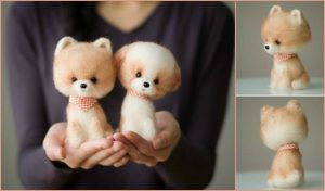 Two small, fluffy toy dogs with orange and white fur and checkered neckties are held in hands. These little dogs showcase intricate crochet patterns. Two additional views of one amigurumi toy are shown on the right.