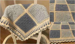 A handcrafted crochet blanket with baby blue eyes and beige square patterns is draped over a chair. Close-up views show detailed stitching.