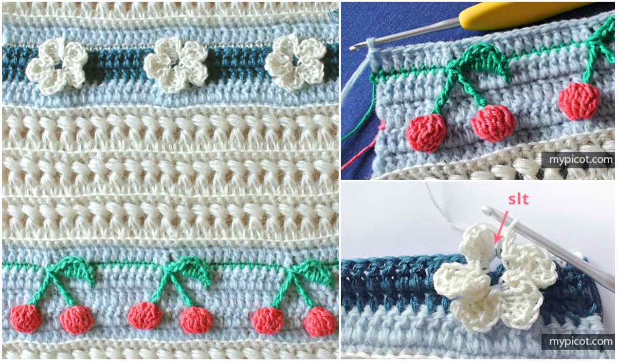 A delightful crochet pattern featuring cherry and flower designs crafted in blue and white yarn, complemented with a visible crochet hook. Perfect for creating a charming baby blanket, this free crochet pattern is both stylish and easy to follow.